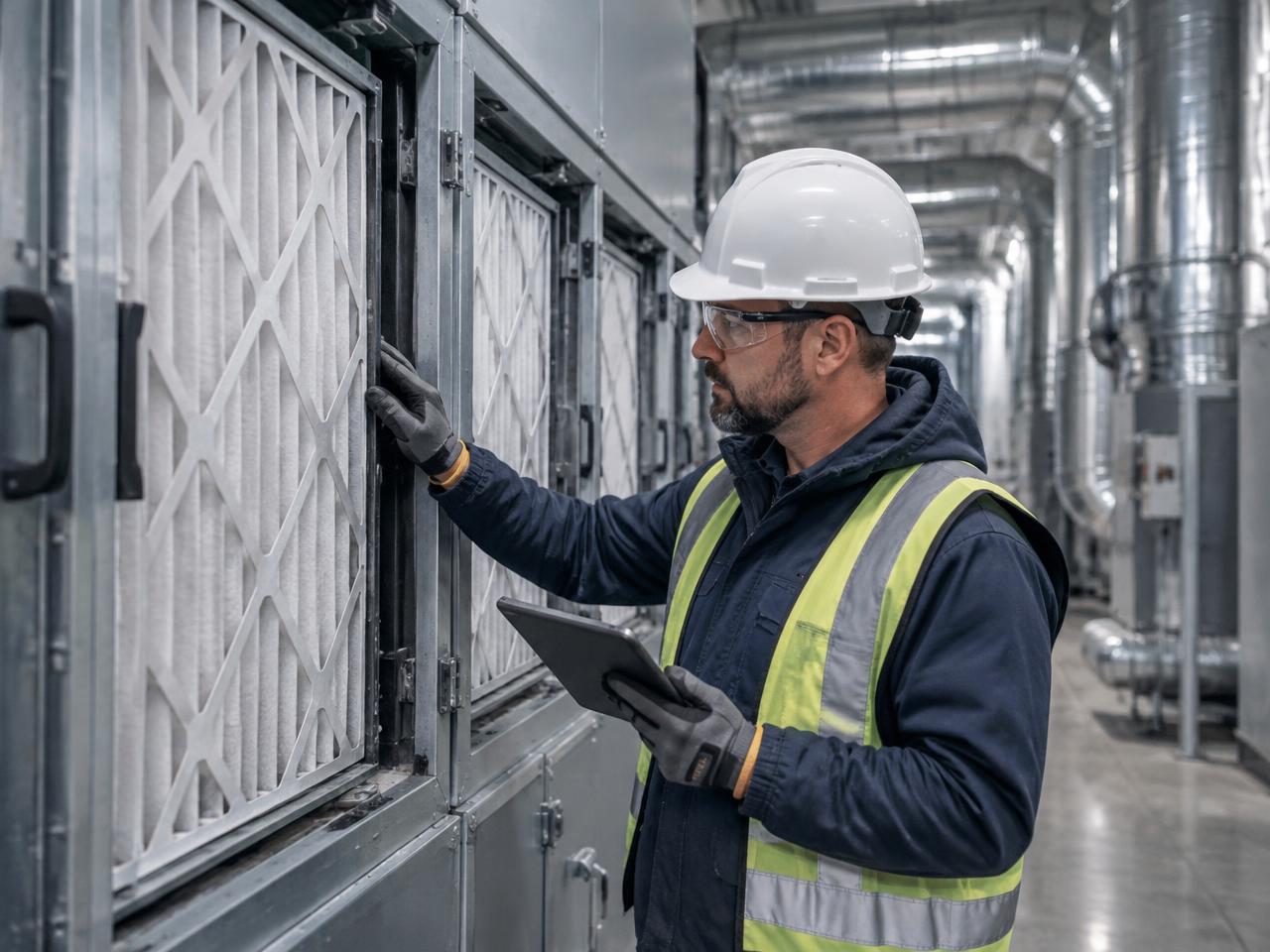 Engineer inspecting industrial filtration equipment